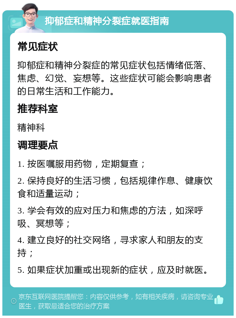 抑郁症和精神分裂症就医指南 常见症状 抑郁症和精神分裂症的常见症状包括情绪低落、焦虑、幻觉、妄想等。这些症状可能会影响患者的日常生活和工作能力。 推荐科室 精神科 调理要点 1. 按医嘱服用药物，定期复查； 2. 保持良好的生活习惯，包括规律作息、健康饮食和适量运动； 3. 学会有效的应对压力和焦虑的方法，如深呼吸、冥想等； 4. 建立良好的社交网络，寻求家人和朋友的支持； 5. 如果症状加重或出现新的症状，应及时就医。