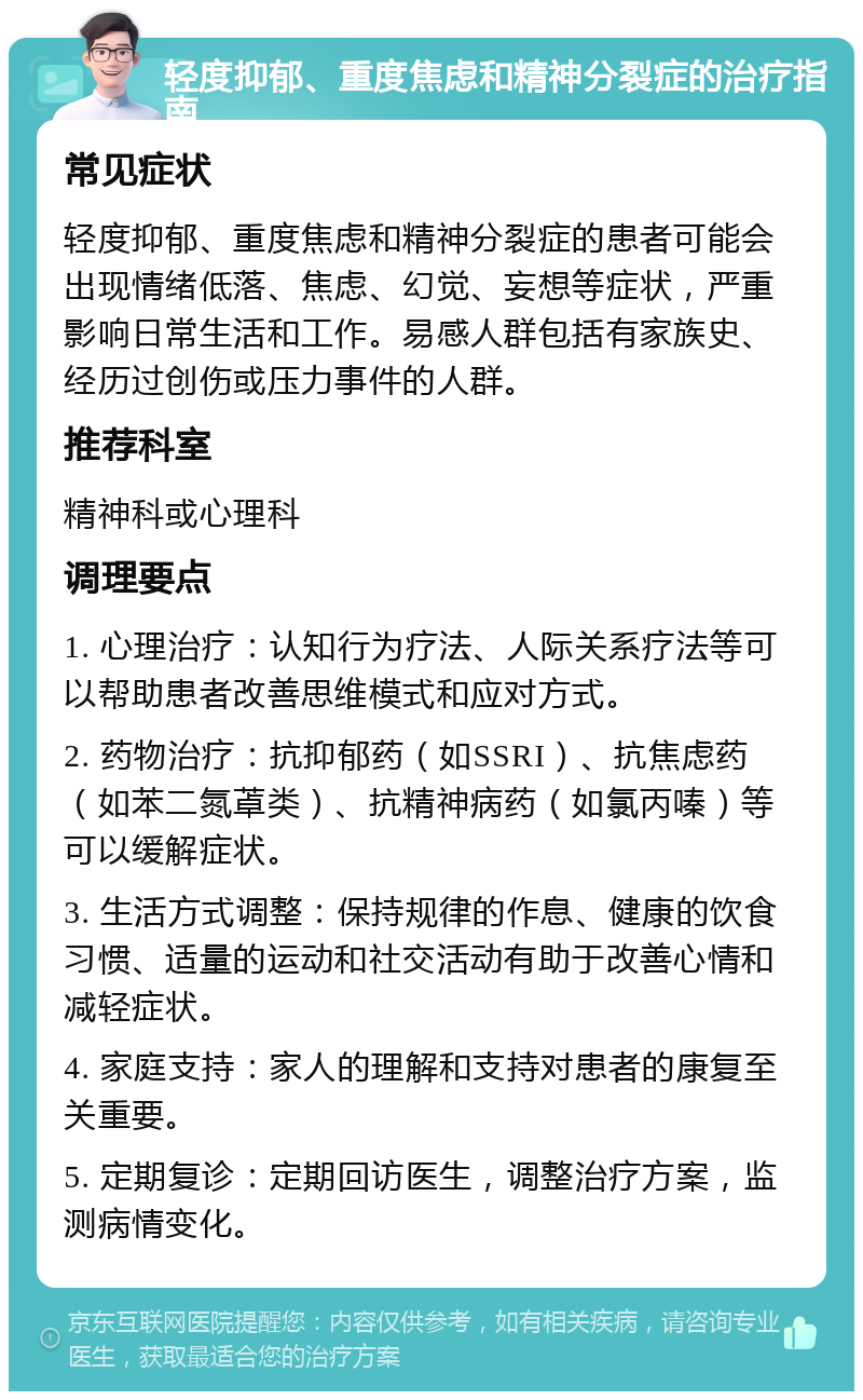 轻度抑郁、重度焦虑和精神分裂症的治疗指南 常见症状 轻度抑郁、重度焦虑和精神分裂症的患者可能会出现情绪低落、焦虑、幻觉、妄想等症状，严重影响日常生活和工作。易感人群包括有家族史、经历过创伤或压力事件的人群。 推荐科室 精神科或心理科 调理要点 1. 心理治疗：认知行为疗法、人际关系疗法等可以帮助患者改善思维模式和应对方式。 2. 药物治疗：抗抑郁药（如SSRI）、抗焦虑药（如苯二氮䓬类）、抗精神病药（如氯丙嗪）等可以缓解症状。 3. 生活方式调整：保持规律的作息、健康的饮食习惯、适量的运动和社交活动有助于改善心情和减轻症状。 4. 家庭支持：家人的理解和支持对患者的康复至关重要。 5. 定期复诊：定期回访医生，调整治疗方案，监测病情变化。