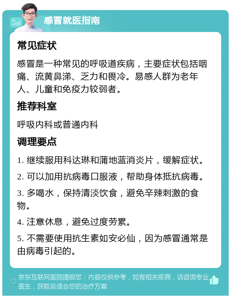 感冒就医指南 常见症状 感冒是一种常见的呼吸道疾病，主要症状包括咽痛、流黄鼻涕、乏力和畏冷。易感人群为老年人、儿童和免疫力较弱者。 推荐科室 呼吸内科或普通内科 调理要点 1. 继续服用科达琳和蒲地蓝消炎片，缓解症状。 2. 可以加用抗病毒口服液，帮助身体抵抗病毒。 3. 多喝水，保持清淡饮食，避免辛辣刺激的食物。 4. 注意休息，避免过度劳累。 5. 不需要使用抗生素如安必仙，因为感冒通常是由病毒引起的。