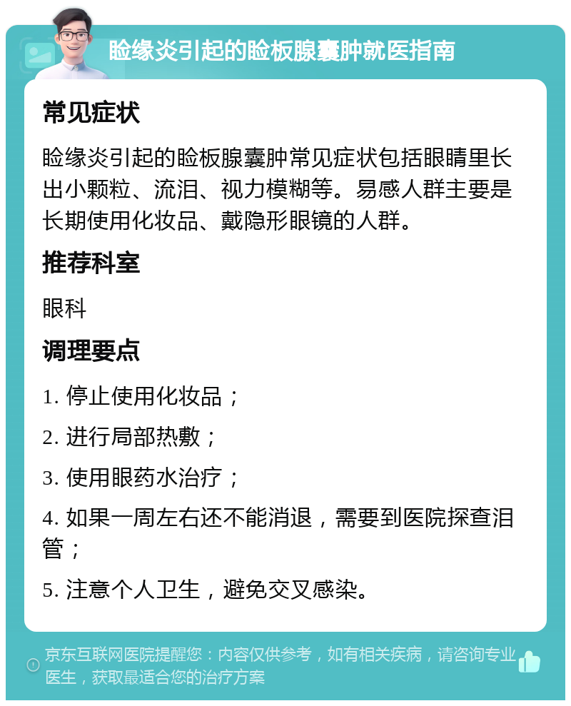 睑缘炎引起的睑板腺囊肿就医指南 常见症状 睑缘炎引起的睑板腺囊肿常见症状包括眼睛里长出小颗粒、流泪、视力模糊等。易感人群主要是长期使用化妆品、戴隐形眼镜的人群。 推荐科室 眼科 调理要点 1. 停止使用化妆品； 2. 进行局部热敷； 3. 使用眼药水治疗； 4. 如果一周左右还不能消退，需要到医院探查泪管； 5. 注意个人卫生，避免交叉感染。