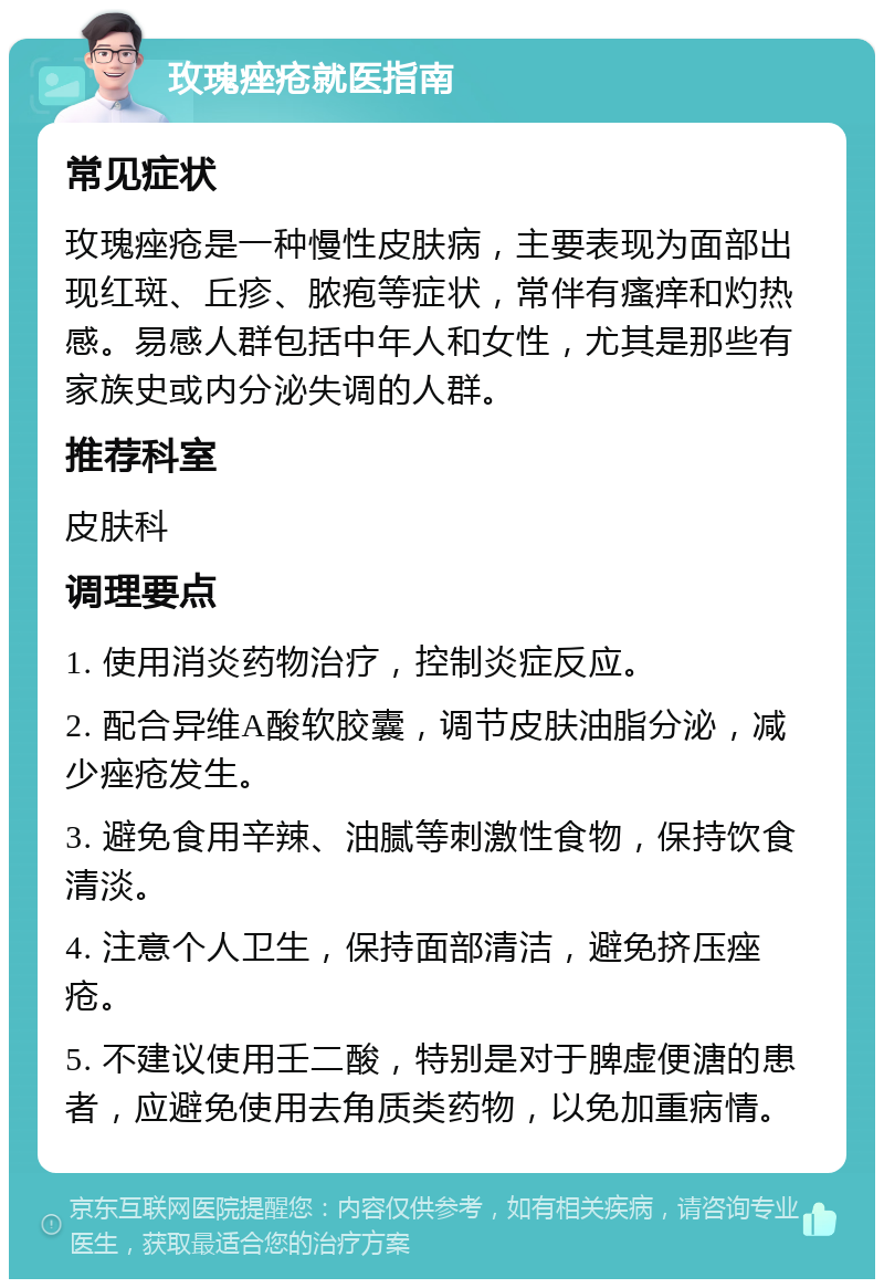 玫瑰痤疮就医指南 常见症状 玫瑰痤疮是一种慢性皮肤病，主要表现为面部出现红斑、丘疹、脓疱等症状，常伴有瘙痒和灼热感。易感人群包括中年人和女性，尤其是那些有家族史或内分泌失调的人群。 推荐科室 皮肤科 调理要点 1. 使用消炎药物治疗，控制炎症反应。 2. 配合异维A酸软胶囊，调节皮肤油脂分泌，减少痤疮发生。 3. 避免食用辛辣、油腻等刺激性食物，保持饮食清淡。 4. 注意个人卫生，保持面部清洁，避免挤压痤疮。 5. 不建议使用壬二酸，特别是对于脾虚便溏的患者，应避免使用去角质类药物，以免加重病情。