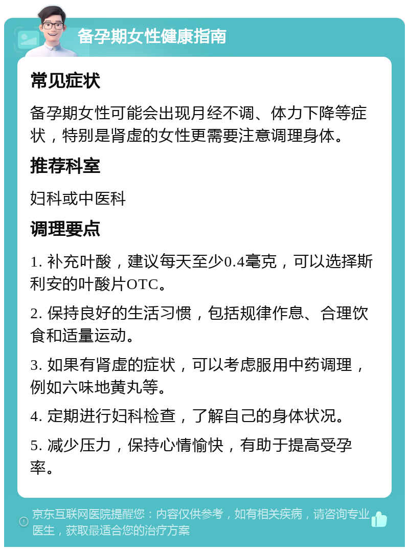 备孕期女性健康指南 常见症状 备孕期女性可能会出现月经不调、体力下降等症状，特别是肾虚的女性更需要注意调理身体。 推荐科室 妇科或中医科 调理要点 1. 补充叶酸，建议每天至少0.4毫克，可以选择斯利安的叶酸片OTC。 2. 保持良好的生活习惯，包括规律作息、合理饮食和适量运动。 3. 如果有肾虚的症状，可以考虑服用中药调理，例如六味地黄丸等。 4. 定期进行妇科检查，了解自己的身体状况。 5. 减少压力，保持心情愉快，有助于提高受孕率。