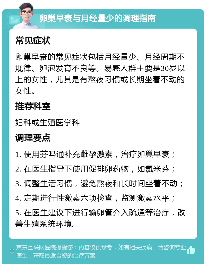 卵巢早衰与月经量少的调理指南 常见症状 卵巢早衰的常见症状包括月经量少、月经周期不规律、卵泡发育不良等。易感人群主要是30岁以上的女性，尤其是有熬夜习惯或长期坐着不动的女性。 推荐科室 妇科或生殖医学科 调理要点 1. 使用芬吗通补充雌孕激素，治疗卵巢早衰； 2. 在医生指导下使用促排卵药物，如氯米芬； 3. 调整生活习惯，避免熬夜和长时间坐着不动； 4. 定期进行性激素六项检查，监测激素水平； 5. 在医生建议下进行输卵管介入疏通等治疗，改善生殖系统环境。