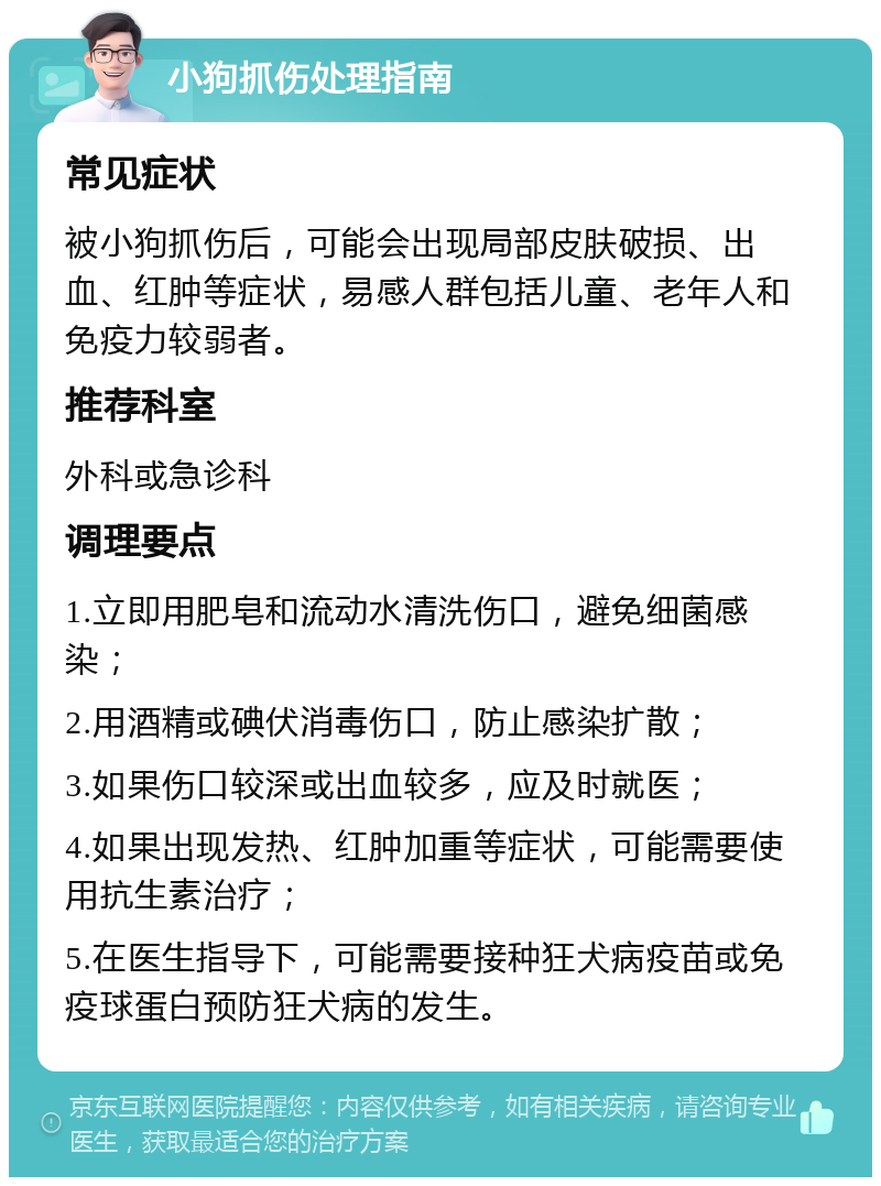 小狗抓伤处理指南 常见症状 被小狗抓伤后，可能会出现局部皮肤破损、出血、红肿等症状，易感人群包括儿童、老年人和免疫力较弱者。 推荐科室 外科或急诊科 调理要点 1.立即用肥皂和流动水清洗伤口，避免细菌感染； 2.用酒精或碘伏消毒伤口，防止感染扩散； 3.如果伤口较深或出血较多，应及时就医； 4.如果出现发热、红肿加重等症状，可能需要使用抗生素治疗； 5.在医生指导下，可能需要接种狂犬病疫苗或免疫球蛋白预防狂犬病的发生。