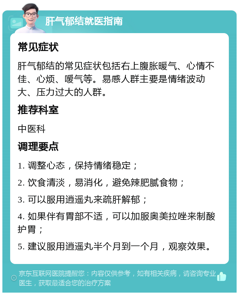 肝气郁结就医指南 常见症状 肝气郁结的常见症状包括右上腹胀暖气、心情不佳、心烦、嗳气等。易感人群主要是情绪波动大、压力过大的人群。 推荐科室 中医科 调理要点 1. 调整心态，保持情绪稳定； 2. 饮食清淡，易消化，避免辣肥腻食物； 3. 可以服用逍遥丸来疏肝解郁； 4. 如果伴有胃部不适，可以加服奥美拉唑来制酸护胃； 5. 建议服用逍遥丸半个月到一个月，观察效果。