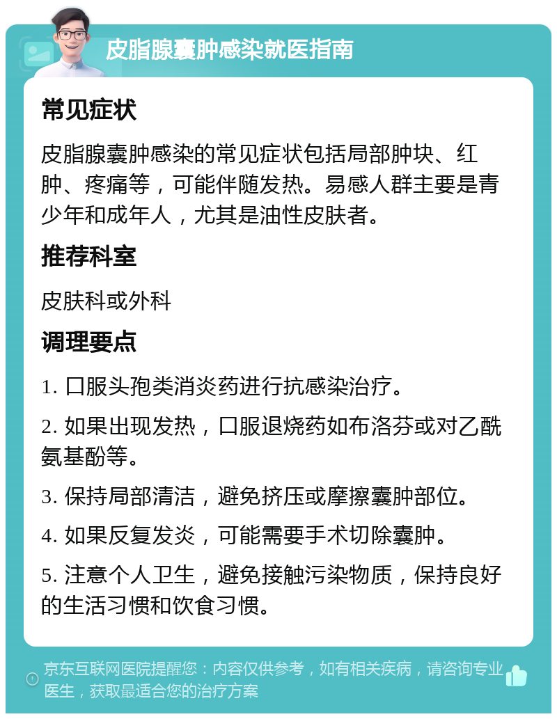 皮脂腺囊肿感染就医指南 常见症状 皮脂腺囊肿感染的常见症状包括局部肿块、红肿、疼痛等，可能伴随发热。易感人群主要是青少年和成年人，尤其是油性皮肤者。 推荐科室 皮肤科或外科 调理要点 1. 口服头孢类消炎药进行抗感染治疗。 2. 如果出现发热，口服退烧药如布洛芬或对乙酰氨基酚等。 3. 保持局部清洁，避免挤压或摩擦囊肿部位。 4. 如果反复发炎，可能需要手术切除囊肿。 5. 注意个人卫生，避免接触污染物质，保持良好的生活习惯和饮食习惯。