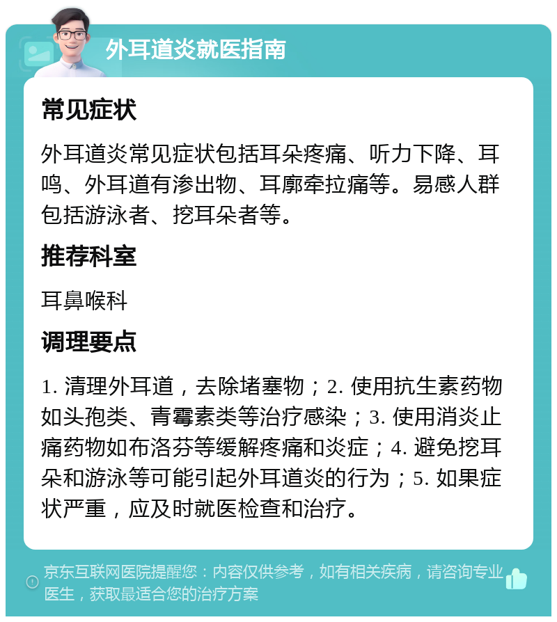 外耳道炎就医指南 常见症状 外耳道炎常见症状包括耳朵疼痛、听力下降、耳鸣、外耳道有渗出物、耳廓牵拉痛等。易感人群包括游泳者、挖耳朵者等。 推荐科室 耳鼻喉科 调理要点 1. 清理外耳道，去除堵塞物；2. 使用抗生素药物如头孢类、青霉素类等治疗感染；3. 使用消炎止痛药物如布洛芬等缓解疼痛和炎症；4. 避免挖耳朵和游泳等可能引起外耳道炎的行为；5. 如果症状严重，应及时就医检查和治疗。