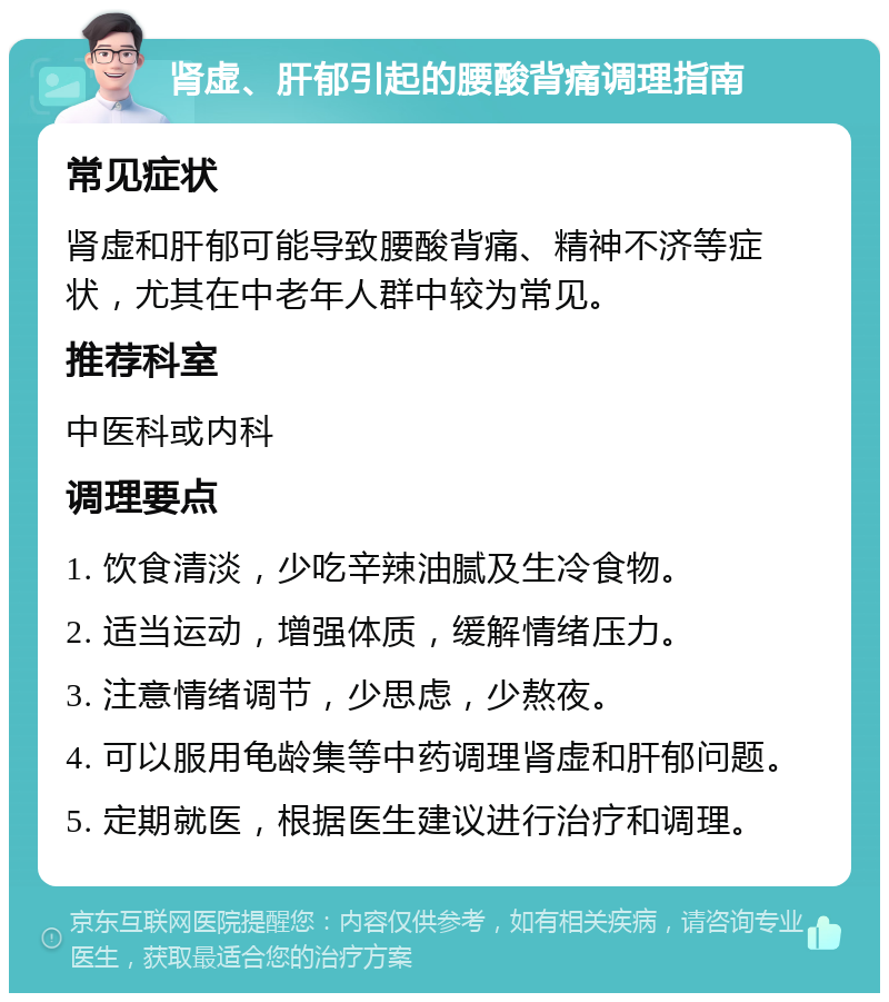 肾虚、肝郁引起的腰酸背痛调理指南 常见症状 肾虚和肝郁可能导致腰酸背痛、精神不济等症状，尤其在中老年人群中较为常见。 推荐科室 中医科或内科 调理要点 1. 饮食清淡，少吃辛辣油腻及生冷食物。 2. 适当运动，增强体质，缓解情绪压力。 3. 注意情绪调节，少思虑，少熬夜。 4. 可以服用龟龄集等中药调理肾虚和肝郁问题。 5. 定期就医，根据医生建议进行治疗和调理。