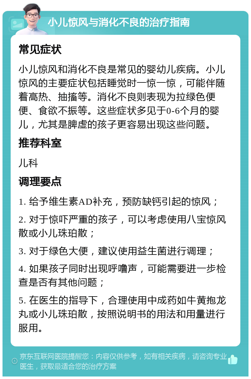 小儿惊风与消化不良的治疗指南 常见症状 小儿惊风和消化不良是常见的婴幼儿疾病。小儿惊风的主要症状包括睡觉时一惊一惊，可能伴随着高热、抽搐等。消化不良则表现为拉绿色便便、食欲不振等。这些症状多见于0-6个月的婴儿，尤其是脾虚的孩子更容易出现这些问题。 推荐科室 儿科 调理要点 1. 给予维生素AD补充，预防缺钙引起的惊风； 2. 对于惊吓严重的孩子，可以考虑使用八宝惊风散或小儿珠珀散； 3. 对于绿色大便，建议使用益生菌进行调理； 4. 如果孩子同时出现呼噜声，可能需要进一步检查是否有其他问题； 5. 在医生的指导下，合理使用中成药如牛黄抱龙丸或小儿珠珀散，按照说明书的用法和用量进行服用。