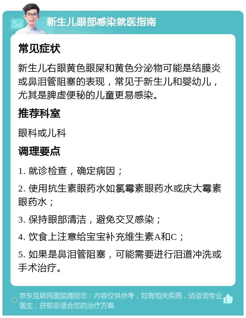 新生儿眼部感染就医指南 常见症状 新生儿右眼黄色眼屎和黄色分泌物可能是结膜炎或鼻泪管阻塞的表现，常见于新生儿和婴幼儿，尤其是脾虚便秘的儿童更易感染。 推荐科室 眼科或儿科 调理要点 1. 就诊检查，确定病因； 2. 使用抗生素眼药水如氯霉素眼药水或庆大霉素眼药水； 3. 保持眼部清洁，避免交叉感染； 4. 饮食上注意给宝宝补充维生素A和C； 5. 如果是鼻泪管阻塞，可能需要进行泪道冲洗或手术治疗。