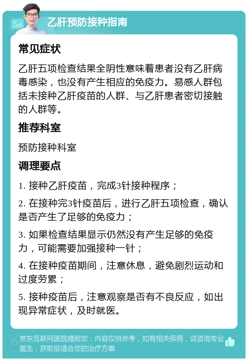 乙肝预防接种指南 常见症状 乙肝五项检查结果全阴性意味着患者没有乙肝病毒感染，也没有产生相应的免疫力。易感人群包括未接种乙肝疫苗的人群、与乙肝患者密切接触的人群等。 推荐科室 预防接种科室 调理要点 1. 接种乙肝疫苗，完成3针接种程序； 2. 在接种完3针疫苗后，进行乙肝五项检查，确认是否产生了足够的免疫力； 3. 如果检查结果显示仍然没有产生足够的免疫力，可能需要加强接种一针； 4. 在接种疫苗期间，注意休息，避免剧烈运动和过度劳累； 5. 接种疫苗后，注意观察是否有不良反应，如出现异常症状，及时就医。