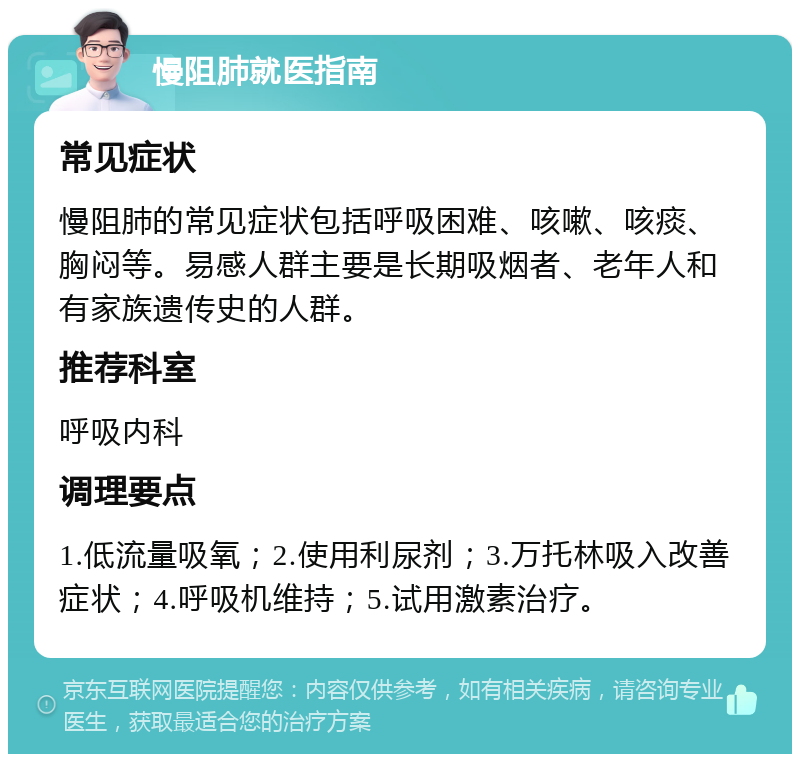 慢阻肺就医指南 常见症状 慢阻肺的常见症状包括呼吸困难、咳嗽、咳痰、胸闷等。易感人群主要是长期吸烟者、老年人和有家族遗传史的人群。 推荐科室 呼吸内科 调理要点 1.低流量吸氧；2.使用利尿剂；3.万托林吸入改善症状；4.呼吸机维持；5.试用激素治疗。