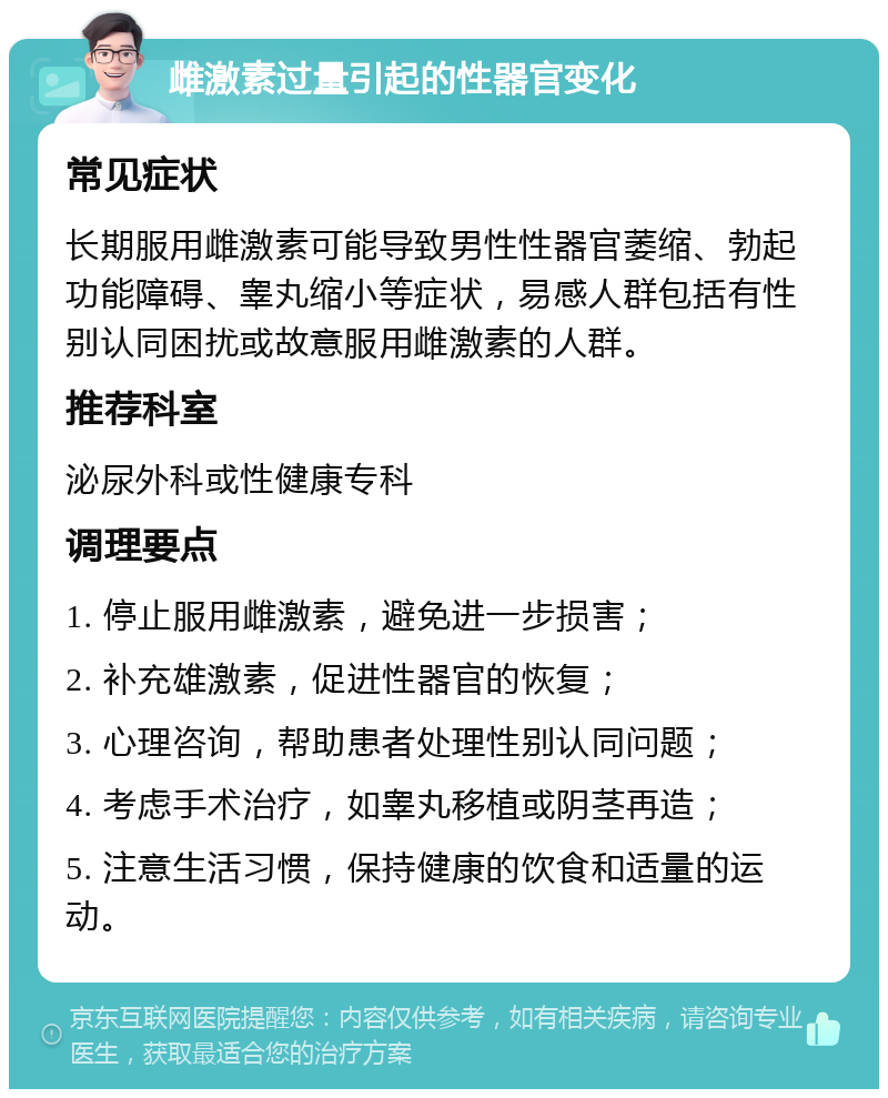 雌激素过量引起的性器官变化 常见症状 长期服用雌激素可能导致男性性器官萎缩、勃起功能障碍、睾丸缩小等症状，易感人群包括有性别认同困扰或故意服用雌激素的人群。 推荐科室 泌尿外科或性健康专科 调理要点 1. 停止服用雌激素，避免进一步损害； 2. 补充雄激素，促进性器官的恢复； 3. 心理咨询，帮助患者处理性别认同问题； 4. 考虑手术治疗，如睾丸移植或阴茎再造； 5. 注意生活习惯，保持健康的饮食和适量的运动。