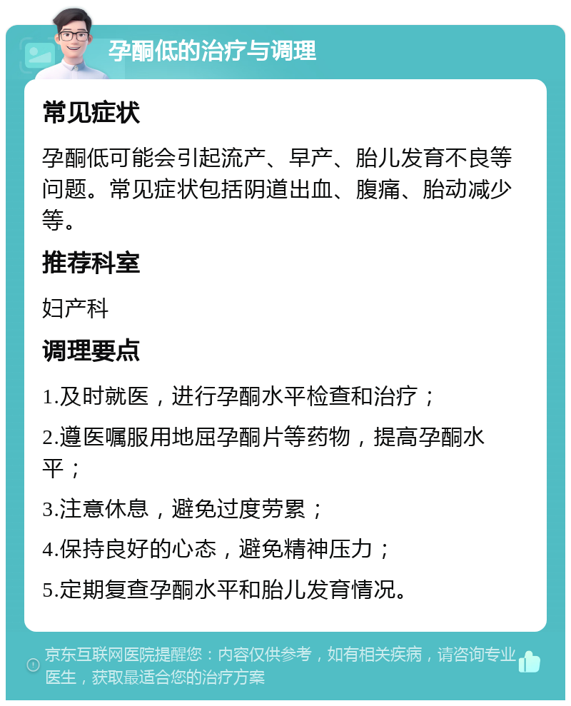 孕酮低的治疗与调理 常见症状 孕酮低可能会引起流产、早产、胎儿发育不良等问题。常见症状包括阴道出血、腹痛、胎动减少等。 推荐科室 妇产科 调理要点 1.及时就医，进行孕酮水平检查和治疗； 2.遵医嘱服用地屈孕酮片等药物，提高孕酮水平； 3.注意休息，避免过度劳累； 4.保持良好的心态，避免精神压力； 5.定期复查孕酮水平和胎儿发育情况。