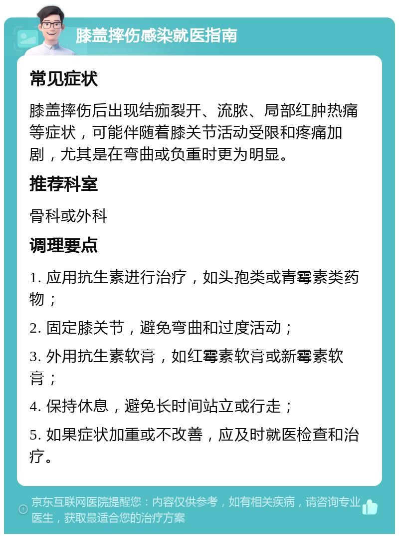 膝盖摔伤感染就医指南 常见症状 膝盖摔伤后出现结痂裂开、流脓、局部红肿热痛等症状，可能伴随着膝关节活动受限和疼痛加剧，尤其是在弯曲或负重时更为明显。 推荐科室 骨科或外科 调理要点 1. 应用抗生素进行治疗，如头孢类或青霉素类药物； 2. 固定膝关节，避免弯曲和过度活动； 3. 外用抗生素软膏，如红霉素软膏或新霉素软膏； 4. 保持休息，避免长时间站立或行走； 5. 如果症状加重或不改善，应及时就医检查和治疗。