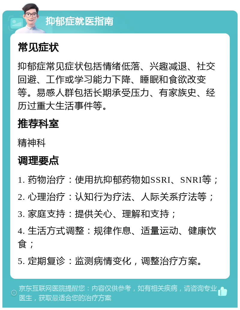 抑郁症就医指南 常见症状 抑郁症常见症状包括情绪低落、兴趣减退、社交回避、工作或学习能力下降、睡眠和食欲改变等。易感人群包括长期承受压力、有家族史、经历过重大生活事件等。 推荐科室 精神科 调理要点 1. 药物治疗：使用抗抑郁药物如SSRI、SNRI等； 2. 心理治疗：认知行为疗法、人际关系疗法等； 3. 家庭支持：提供关心、理解和支持； 4. 生活方式调整：规律作息、适量运动、健康饮食； 5. 定期复诊：监测病情变化，调整治疗方案。