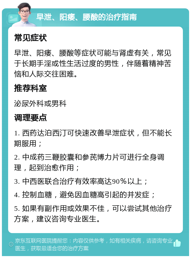 早泄、阳痿、腰酸的治疗指南 常见症状 早泄、阳痿、腰酸等症状可能与肾虚有关，常见于长期手淫或性生活过度的男性，伴随着精神苦恼和人际交往困难。 推荐科室 泌尿外科或男科 调理要点 1. 西药达泊西汀可快速改善早泄症状，但不能长期服用； 2. 中成药三鞭胶囊和参芪博力片可进行全身调理，起到治愈作用； 3. 中西医联合治疗有效率高达90％以上； 4. 控制血糖，避免因血糖高引起的并发症； 5. 如果有副作用或效果不佳，可以尝试其他治疗方案，建议咨询专业医生。