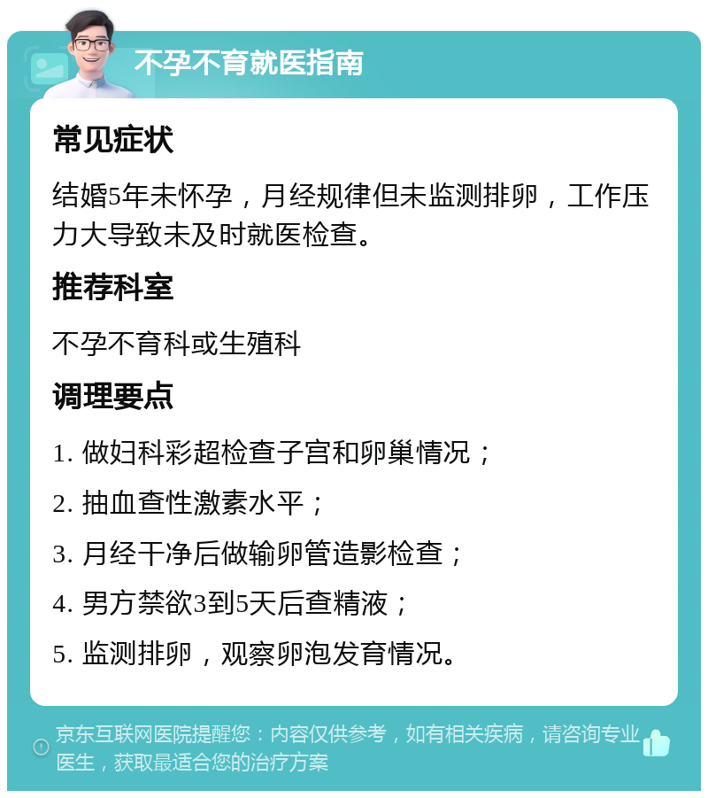 不孕不育就医指南 常见症状 结婚5年未怀孕，月经规律但未监测排卵，工作压力大导致未及时就医检查。 推荐科室 不孕不育科或生殖科 调理要点 1. 做妇科彩超检查子宫和卵巢情况； 2. 抽血查性激素水平； 3. 月经干净后做输卵管造影检查； 4. 男方禁欲3到5天后查精液； 5. 监测排卵，观察卵泡发育情况。