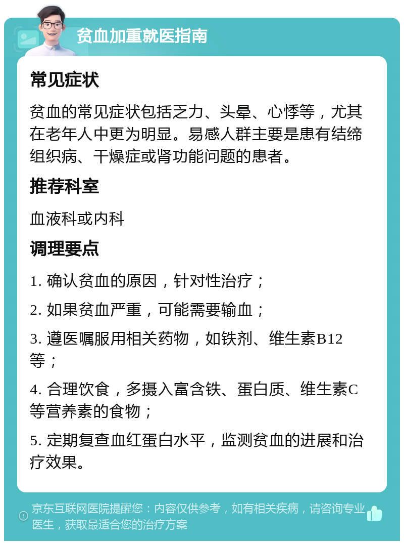 贫血加重就医指南 常见症状 贫血的常见症状包括乏力、头晕、心悸等，尤其在老年人中更为明显。易感人群主要是患有结缔组织病、干燥症或肾功能问题的患者。 推荐科室 血液科或内科 调理要点 1. 确认贫血的原因，针对性治疗； 2. 如果贫血严重，可能需要输血； 3. 遵医嘱服用相关药物，如铁剂、维生素B12等； 4. 合理饮食，多摄入富含铁、蛋白质、维生素C等营养素的食物； 5. 定期复查血红蛋白水平，监测贫血的进展和治疗效果。