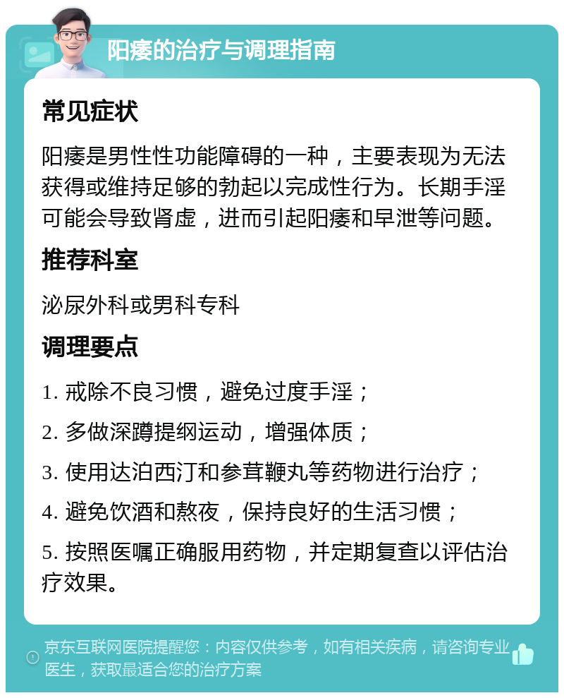 阳痿的治疗与调理指南 常见症状 阳痿是男性性功能障碍的一种，主要表现为无法获得或维持足够的勃起以完成性行为。长期手淫可能会导致肾虚，进而引起阳痿和早泄等问题。 推荐科室 泌尿外科或男科专科 调理要点 1. 戒除不良习惯，避免过度手淫； 2. 多做深蹲提纲运动，增强体质； 3. 使用达泊西汀和参茸鞭丸等药物进行治疗； 4. 避免饮酒和熬夜，保持良好的生活习惯； 5. 按照医嘱正确服用药物，并定期复查以评估治疗效果。