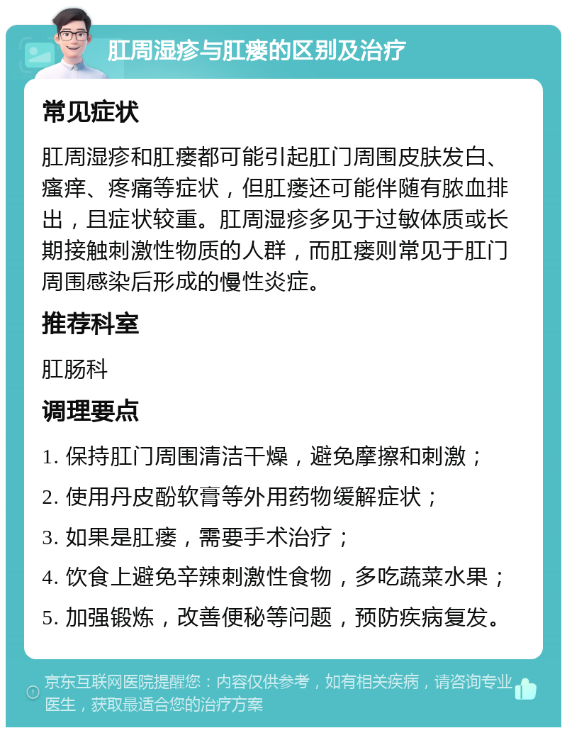 肛周湿疹与肛瘘的区别及治疗 常见症状 肛周湿疹和肛瘘都可能引起肛门周围皮肤发白、瘙痒、疼痛等症状，但肛瘘还可能伴随有脓血排出，且症状较重。肛周湿疹多见于过敏体质或长期接触刺激性物质的人群，而肛瘘则常见于肛门周围感染后形成的慢性炎症。 推荐科室 肛肠科 调理要点 1. 保持肛门周围清洁干燥，避免摩擦和刺激； 2. 使用丹皮酚软膏等外用药物缓解症状； 3. 如果是肛瘘，需要手术治疗； 4. 饮食上避免辛辣刺激性食物，多吃蔬菜水果； 5. 加强锻炼，改善便秘等问题，预防疾病复发。