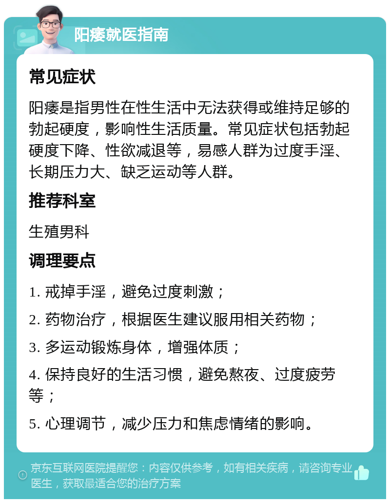 阳痿就医指南 常见症状 阳痿是指男性在性生活中无法获得或维持足够的勃起硬度，影响性生活质量。常见症状包括勃起硬度下降、性欲减退等，易感人群为过度手淫、长期压力大、缺乏运动等人群。 推荐科室 生殖男科 调理要点 1. 戒掉手淫，避免过度刺激； 2. 药物治疗，根据医生建议服用相关药物； 3. 多运动锻炼身体，增强体质； 4. 保持良好的生活习惯，避免熬夜、过度疲劳等； 5. 心理调节，减少压力和焦虑情绪的影响。