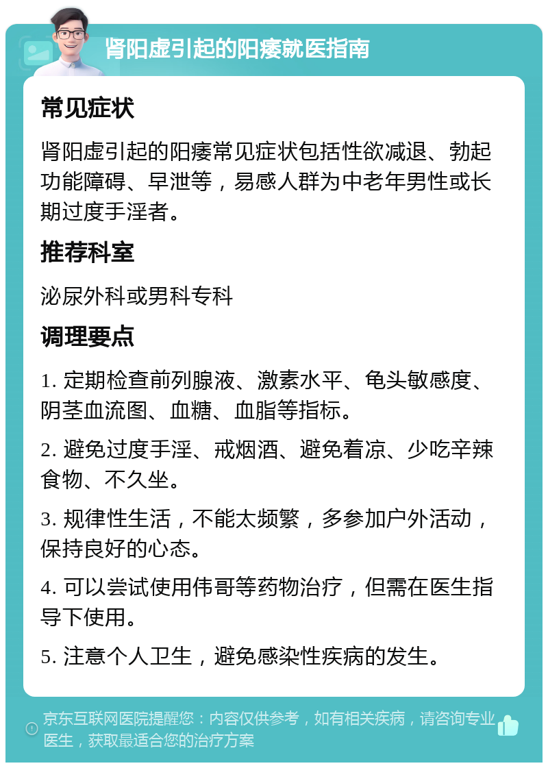 肾阳虚引起的阳痿就医指南 常见症状 肾阳虚引起的阳痿常见症状包括性欲减退、勃起功能障碍、早泄等，易感人群为中老年男性或长期过度手淫者。 推荐科室 泌尿外科或男科专科 调理要点 1. 定期检查前列腺液、激素水平、龟头敏感度、阴茎血流图、血糖、血脂等指标。 2. 避免过度手淫、戒烟酒、避免着凉、少吃辛辣食物、不久坐。 3. 规律性生活，不能太频繁，多参加户外活动，保持良好的心态。 4. 可以尝试使用伟哥等药物治疗，但需在医生指导下使用。 5. 注意个人卫生，避免感染性疾病的发生。