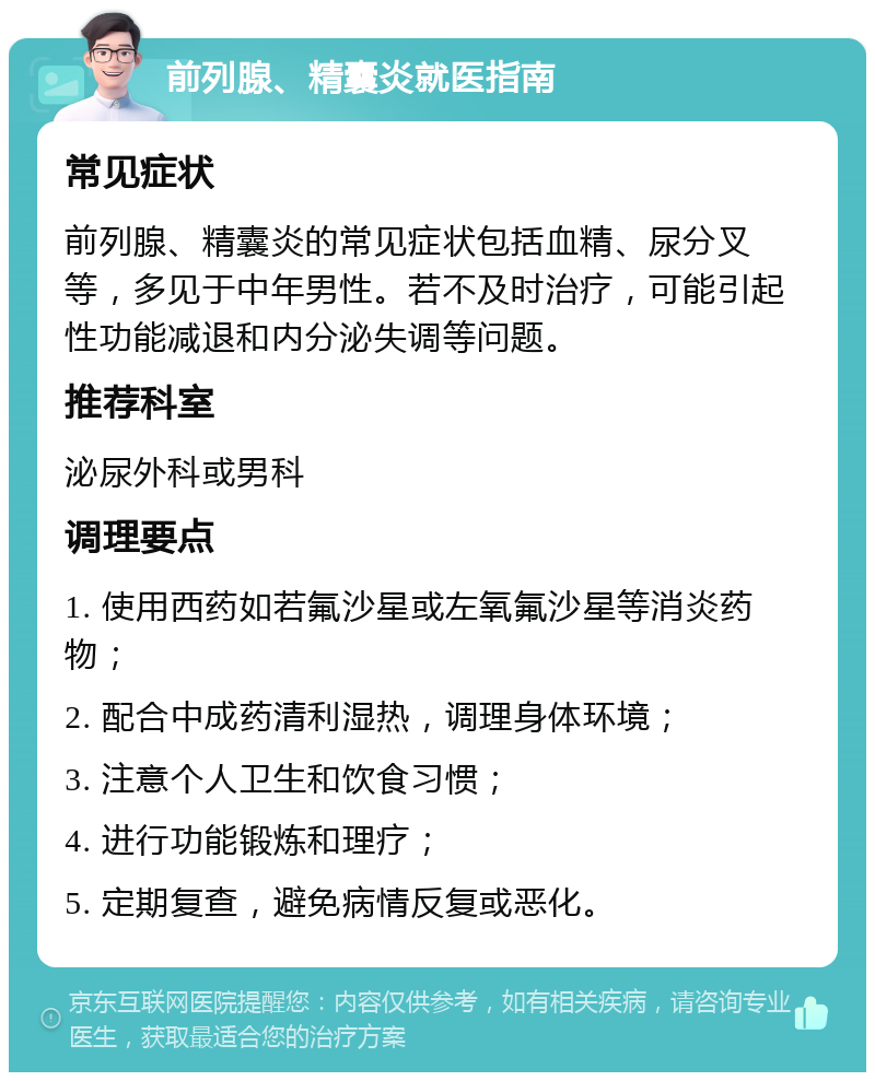 前列腺、精囊炎就医指南 常见症状 前列腺、精囊炎的常见症状包括血精、尿分叉等，多见于中年男性。若不及时治疗，可能引起性功能减退和内分泌失调等问题。 推荐科室 泌尿外科或男科 调理要点 1. 使用西药如若氟沙星或左氧氟沙星等消炎药物； 2. 配合中成药清利湿热，调理身体环境； 3. 注意个人卫生和饮食习惯； 4. 进行功能锻炼和理疗； 5. 定期复查，避免病情反复或恶化。