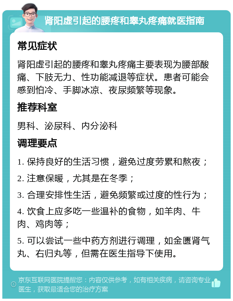 肾阳虚引起的腰疼和睾丸疼痛就医指南 常见症状 肾阳虚引起的腰疼和睾丸疼痛主要表现为腰部酸痛、下肢无力、性功能减退等症状。患者可能会感到怕冷、手脚冰凉、夜尿频繁等现象。 推荐科室 男科、泌尿科、内分泌科 调理要点 1. 保持良好的生活习惯，避免过度劳累和熬夜； 2. 注意保暖，尤其是在冬季； 3. 合理安排性生活，避免频繁或过度的性行为； 4. 饮食上应多吃一些温补的食物，如羊肉、牛肉、鸡肉等； 5. 可以尝试一些中药方剂进行调理，如金匮肾气丸、右归丸等，但需在医生指导下使用。