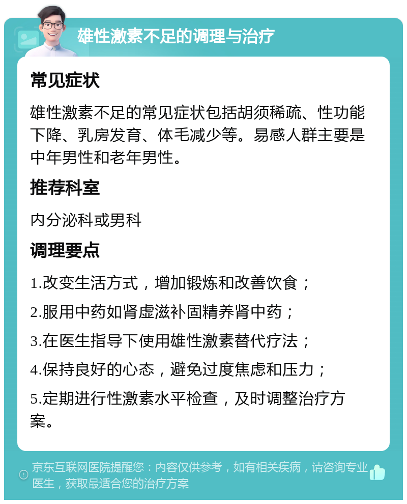 雄性激素不足的调理与治疗 常见症状 雄性激素不足的常见症状包括胡须稀疏、性功能下降、乳房发育、体毛减少等。易感人群主要是中年男性和老年男性。 推荐科室 内分泌科或男科 调理要点 1.改变生活方式，增加锻炼和改善饮食； 2.服用中药如肾虚滋补固精养肾中药； 3.在医生指导下使用雄性激素替代疗法； 4.保持良好的心态，避免过度焦虑和压力； 5.定期进行性激素水平检查，及时调整治疗方案。