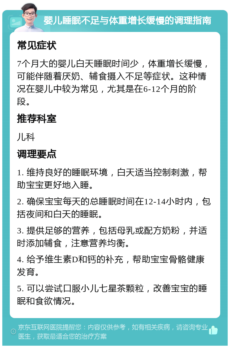 婴儿睡眠不足与体重增长缓慢的调理指南 常见症状 7个月大的婴儿白天睡眠时间少，体重增长缓慢，可能伴随着厌奶、辅食摄入不足等症状。这种情况在婴儿中较为常见，尤其是在6-12个月的阶段。 推荐科室 儿科 调理要点 1. 维持良好的睡眠环境，白天适当控制刺激，帮助宝宝更好地入睡。 2. 确保宝宝每天的总睡眠时间在12-14小时内，包括夜间和白天的睡眠。 3. 提供足够的营养，包括母乳或配方奶粉，并适时添加辅食，注意营养均衡。 4. 给予维生素D和钙的补充，帮助宝宝骨骼健康发育。 5. 可以尝试口服小儿七星茶颗粒，改善宝宝的睡眠和食欲情况。