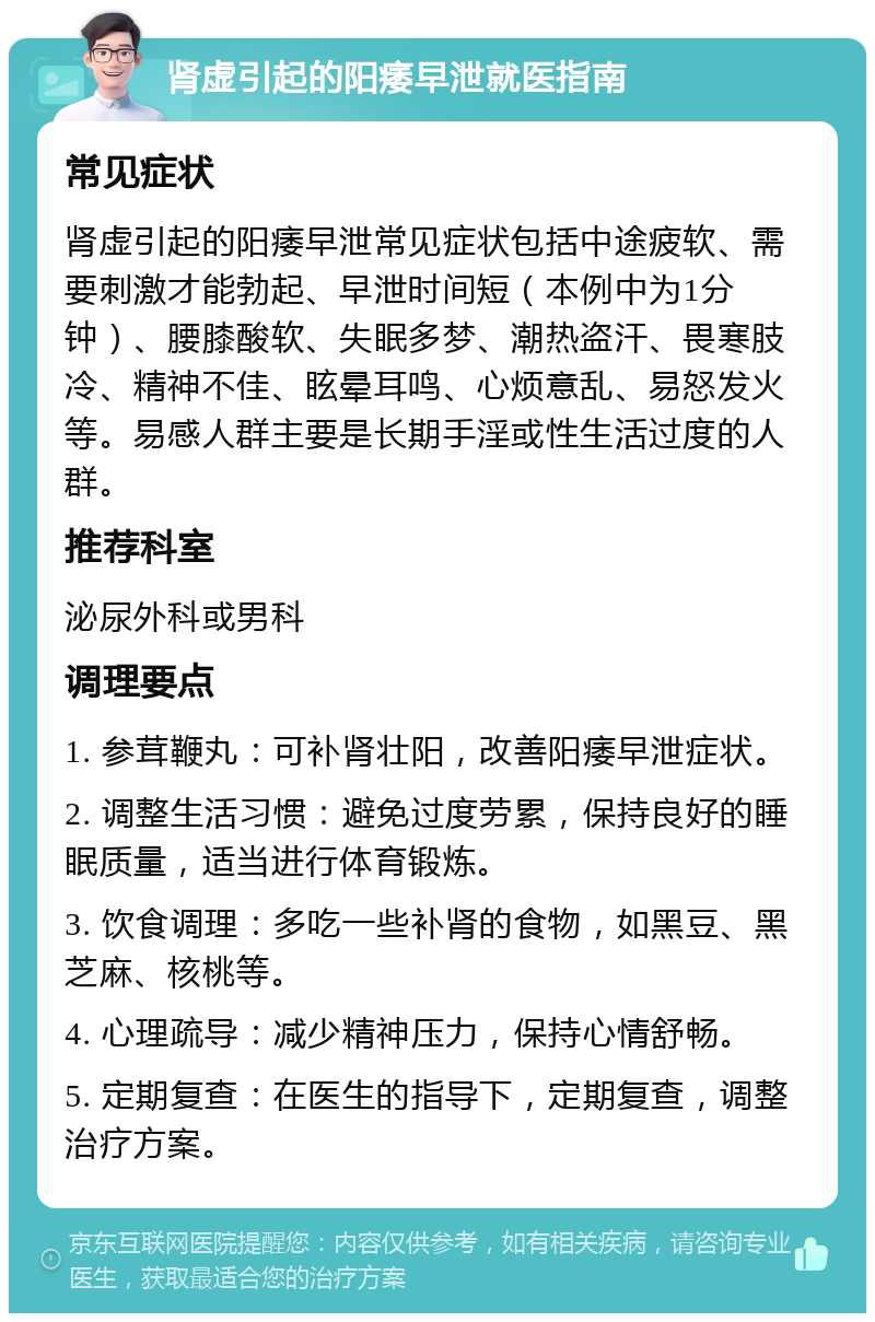 肾虚引起的阳痿早泄就医指南 常见症状 肾虚引起的阳痿早泄常见症状包括中途疲软、需要刺激才能勃起、早泄时间短（本例中为1分钟）、腰膝酸软、失眠多梦、潮热盗汗、畏寒肢冷、精神不佳、眩晕耳鸣、心烦意乱、易怒发火等。易感人群主要是长期手淫或性生活过度的人群。 推荐科室 泌尿外科或男科 调理要点 1. 参茸鞭丸：可补肾壮阳，改善阳痿早泄症状。 2. 调整生活习惯：避免过度劳累，保持良好的睡眠质量，适当进行体育锻炼。 3. 饮食调理：多吃一些补肾的食物，如黑豆、黑芝麻、核桃等。 4. 心理疏导：减少精神压力，保持心情舒畅。 5. 定期复查：在医生的指导下，定期复查，调整治疗方案。