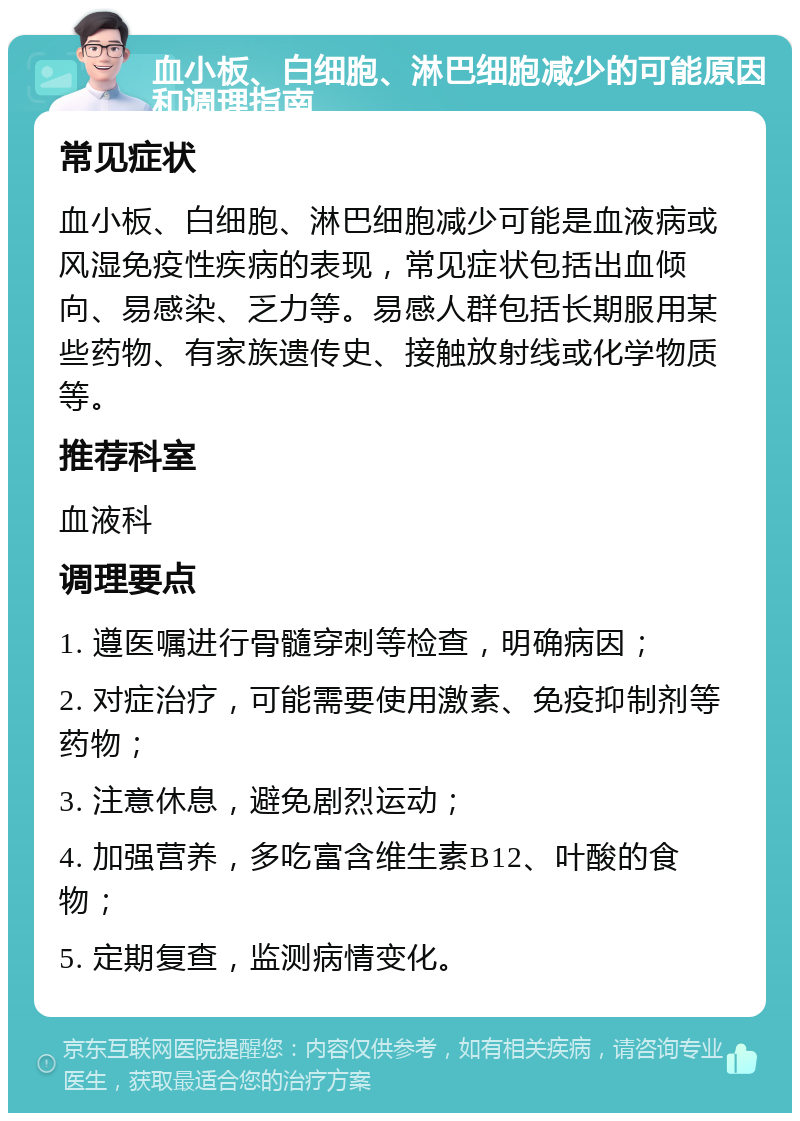 血小板、白细胞、淋巴细胞减少的可能原因和调理指南 常见症状 血小板、白细胞、淋巴细胞减少可能是血液病或风湿免疫性疾病的表现，常见症状包括出血倾向、易感染、乏力等。易感人群包括长期服用某些药物、有家族遗传史、接触放射线或化学物质等。 推荐科室 血液科 调理要点 1. 遵医嘱进行骨髓穿刺等检查，明确病因； 2. 对症治疗，可能需要使用激素、免疫抑制剂等药物； 3. 注意休息，避免剧烈运动； 4. 加强营养，多吃富含维生素B12、叶酸的食物； 5. 定期复查，监测病情变化。