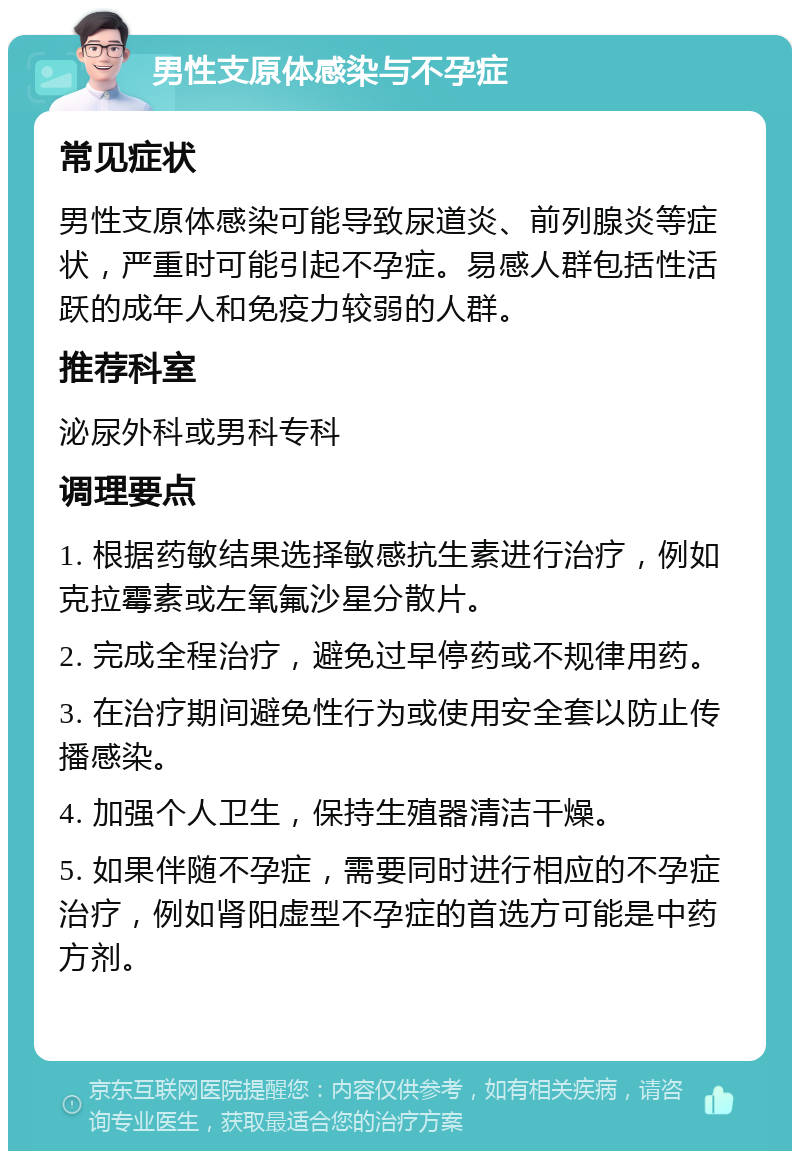 男性支原体感染与不孕症 常见症状 男性支原体感染可能导致尿道炎、前列腺炎等症状，严重时可能引起不孕症。易感人群包括性活跃的成年人和免疫力较弱的人群。 推荐科室 泌尿外科或男科专科 调理要点 1. 根据药敏结果选择敏感抗生素进行治疗，例如克拉霉素或左氧氟沙星分散片。 2. 完成全程治疗，避免过早停药或不规律用药。 3. 在治疗期间避免性行为或使用安全套以防止传播感染。 4. 加强个人卫生，保持生殖器清洁干燥。 5. 如果伴随不孕症，需要同时进行相应的不孕症治疗，例如肾阳虚型不孕症的首选方可能是中药方剂。