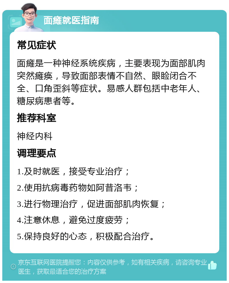 面瘫就医指南 常见症状 面瘫是一种神经系统疾病，主要表现为面部肌肉突然瘫痪，导致面部表情不自然、眼睑闭合不全、口角歪斜等症状。易感人群包括中老年人、糖尿病患者等。 推荐科室 神经内科 调理要点 1.及时就医，接受专业治疗； 2.使用抗病毒药物如阿昔洛韦； 3.进行物理治疗，促进面部肌肉恢复； 4.注意休息，避免过度疲劳； 5.保持良好的心态，积极配合治疗。