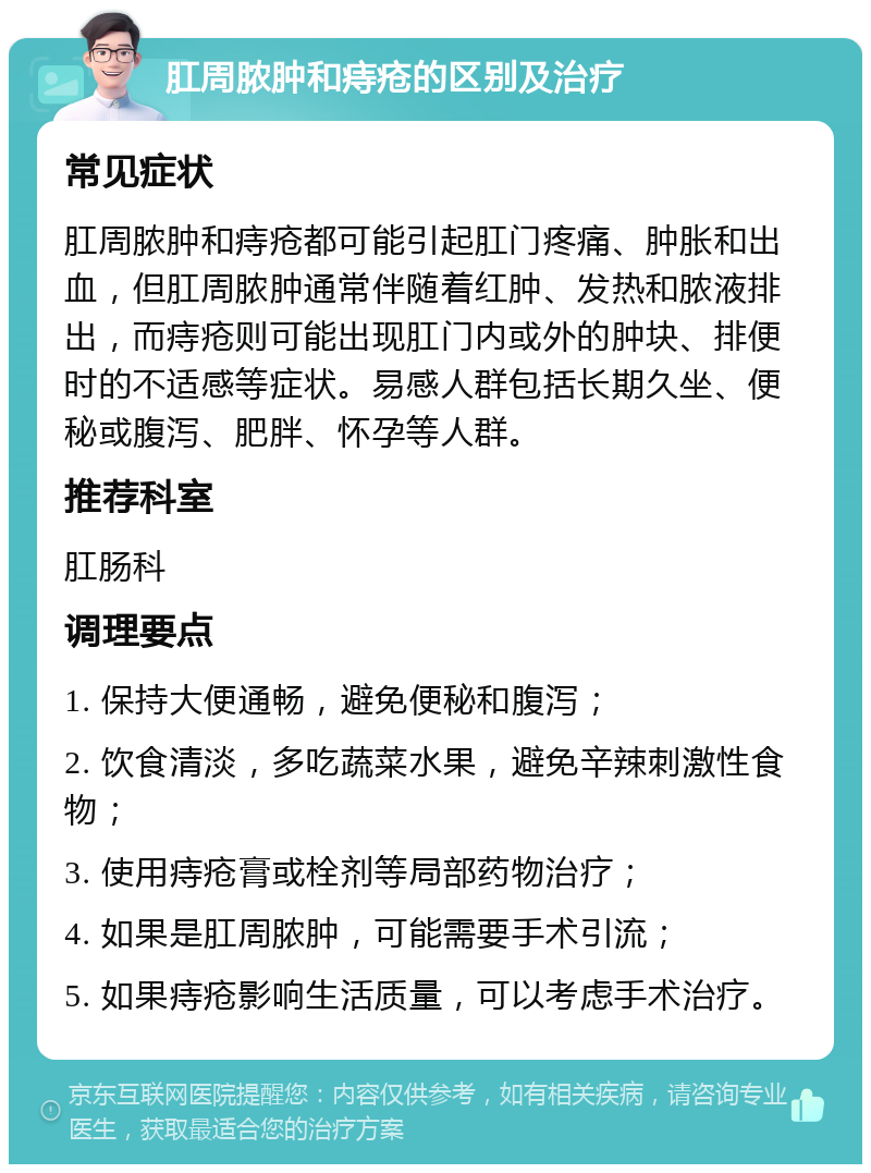 肛周脓肿和痔疮的区别及治疗 常见症状 肛周脓肿和痔疮都可能引起肛门疼痛、肿胀和出血，但肛周脓肿通常伴随着红肿、发热和脓液排出，而痔疮则可能出现肛门内或外的肿块、排便时的不适感等症状。易感人群包括长期久坐、便秘或腹泻、肥胖、怀孕等人群。 推荐科室 肛肠科 调理要点 1. 保持大便通畅，避免便秘和腹泻； 2. 饮食清淡，多吃蔬菜水果，避免辛辣刺激性食物； 3. 使用痔疮膏或栓剂等局部药物治疗； 4. 如果是肛周脓肿，可能需要手术引流； 5. 如果痔疮影响生活质量，可以考虑手术治疗。