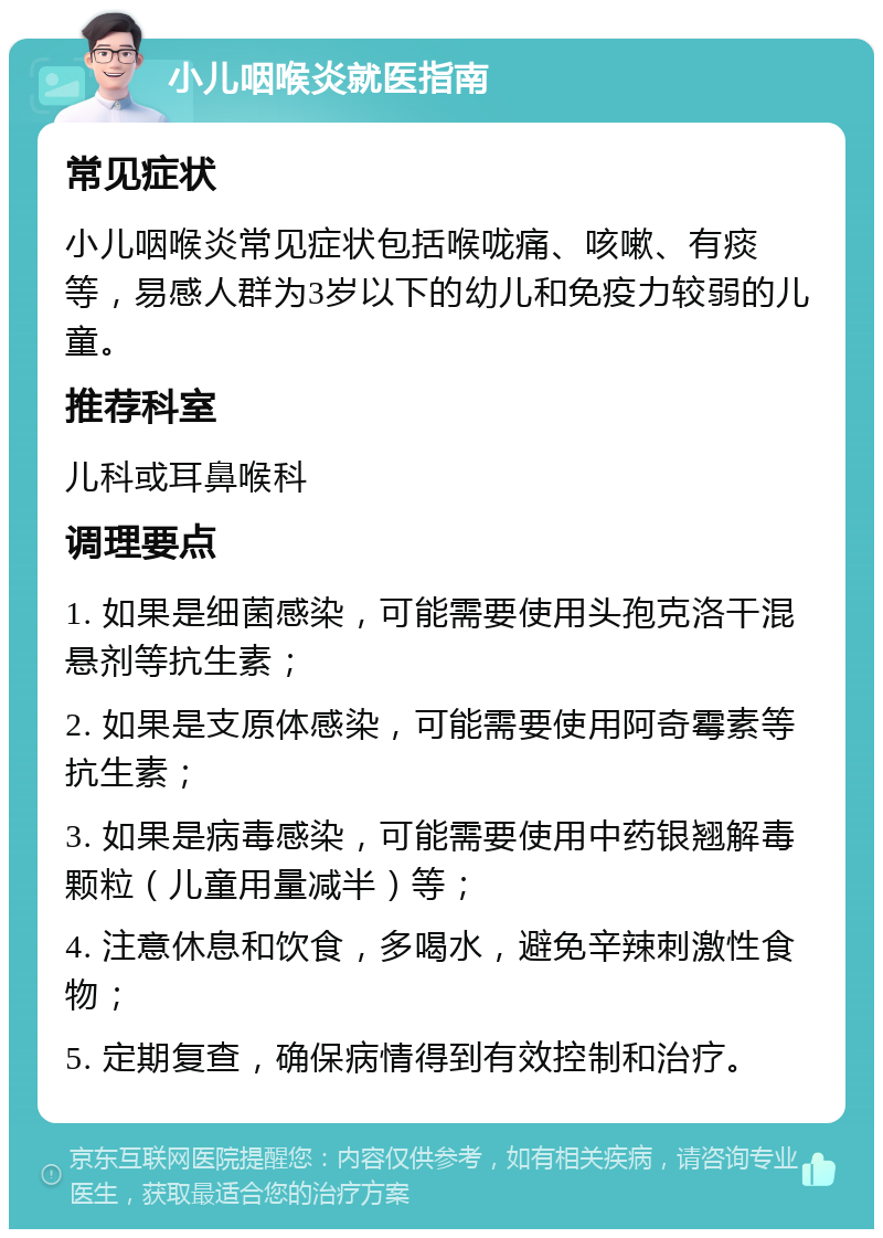 小儿咽喉炎就医指南 常见症状 小儿咽喉炎常见症状包括喉咙痛、咳嗽、有痰等，易感人群为3岁以下的幼儿和免疫力较弱的儿童。 推荐科室 儿科或耳鼻喉科 调理要点 1. 如果是细菌感染，可能需要使用头孢克洛干混悬剂等抗生素； 2. 如果是支原体感染，可能需要使用阿奇霉素等抗生素； 3. 如果是病毒感染，可能需要使用中药银翘解毒颗粒（儿童用量减半）等； 4. 注意休息和饮食，多喝水，避免辛辣刺激性食物； 5. 定期复查，确保病情得到有效控制和治疗。