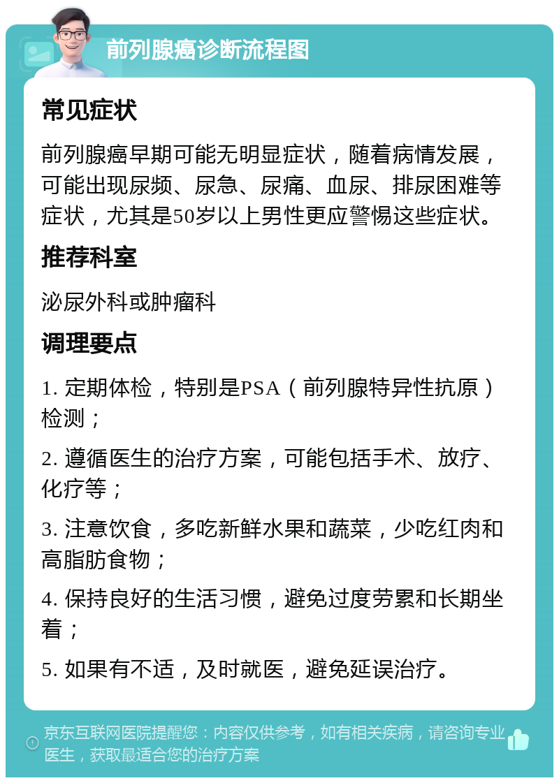 前列腺癌诊断流程图 常见症状 前列腺癌早期可能无明显症状，随着病情发展，可能出现尿频、尿急、尿痛、血尿、排尿困难等症状，尤其是50岁以上男性更应警惕这些症状。 推荐科室 泌尿外科或肿瘤科 调理要点 1. 定期体检，特别是PSA（前列腺特异性抗原）检测； 2. 遵循医生的治疗方案，可能包括手术、放疗、化疗等； 3. 注意饮食，多吃新鲜水果和蔬菜，少吃红肉和高脂肪食物； 4. 保持良好的生活习惯，避免过度劳累和长期坐着； 5. 如果有不适，及时就医，避免延误治疗。