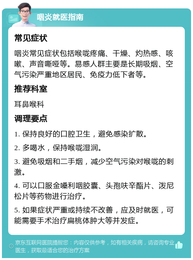 咽炎就医指南 常见症状 咽炎常见症状包括喉咙疼痛、干燥、灼热感、咳嗽、声音嘶哑等。易感人群主要是长期吸烟、空气污染严重地区居民、免疫力低下者等。 推荐科室 耳鼻喉科 调理要点 1. 保持良好的口腔卫生，避免感染扩散。 2. 多喝水，保持喉咙湿润。 3. 避免吸烟和二手烟，减少空气污染对喉咙的刺激。 4. 可以口服金嗓利咽胶囊、头孢呋辛酯片、泼尼松片等药物进行治疗。 5. 如果症状严重或持续不改善，应及时就医，可能需要手术治疗扁桃体肿大等并发症。