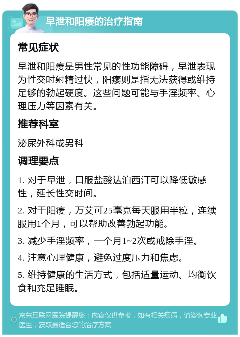 早泄和阳痿的治疗指南 常见症状 早泄和阳痿是男性常见的性功能障碍，早泄表现为性交时射精过快，阳痿则是指无法获得或维持足够的勃起硬度。这些问题可能与手淫频率、心理压力等因素有关。 推荐科室 泌尿外科或男科 调理要点 1. 对于早泄，口服盐酸达泊西汀可以降低敏感性，延长性交时间。 2. 对于阳痿，万艾可25毫克每天服用半粒，连续服用1个月，可以帮助改善勃起功能。 3. 减少手淫频率，一个月1~2次或戒除手淫。 4. 注意心理健康，避免过度压力和焦虑。 5. 维持健康的生活方式，包括适量运动、均衡饮食和充足睡眠。