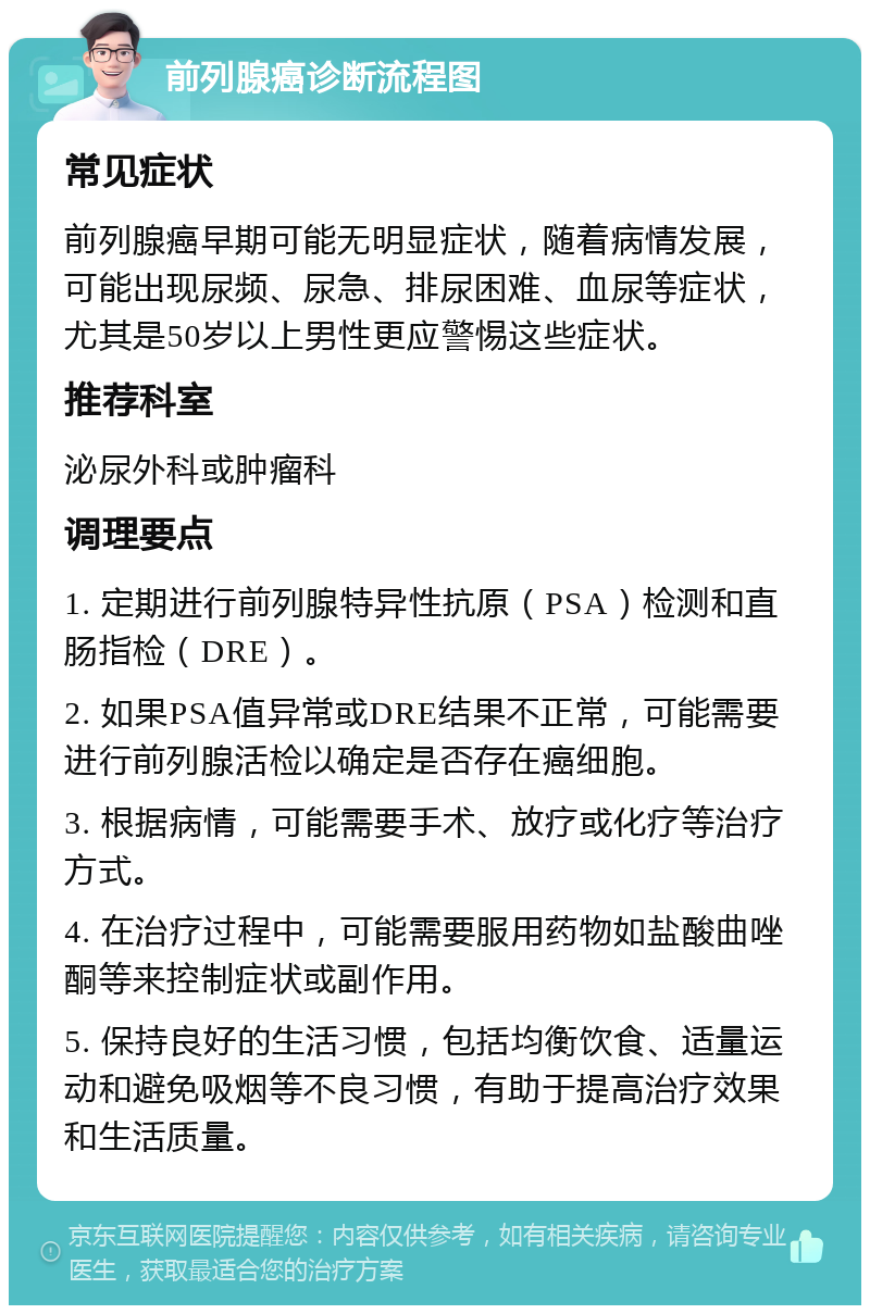 前列腺癌诊断流程图 常见症状 前列腺癌早期可能无明显症状，随着病情发展，可能出现尿频、尿急、排尿困难、血尿等症状，尤其是50岁以上男性更应警惕这些症状。 推荐科室 泌尿外科或肿瘤科 调理要点 1. 定期进行前列腺特异性抗原（PSA）检测和直肠指检（DRE）。 2. 如果PSA值异常或DRE结果不正常，可能需要进行前列腺活检以确定是否存在癌细胞。 3. 根据病情，可能需要手术、放疗或化疗等治疗方式。 4. 在治疗过程中，可能需要服用药物如盐酸曲唑酮等来控制症状或副作用。 5. 保持良好的生活习惯，包括均衡饮食、适量运动和避免吸烟等不良习惯，有助于提高治疗效果和生活质量。