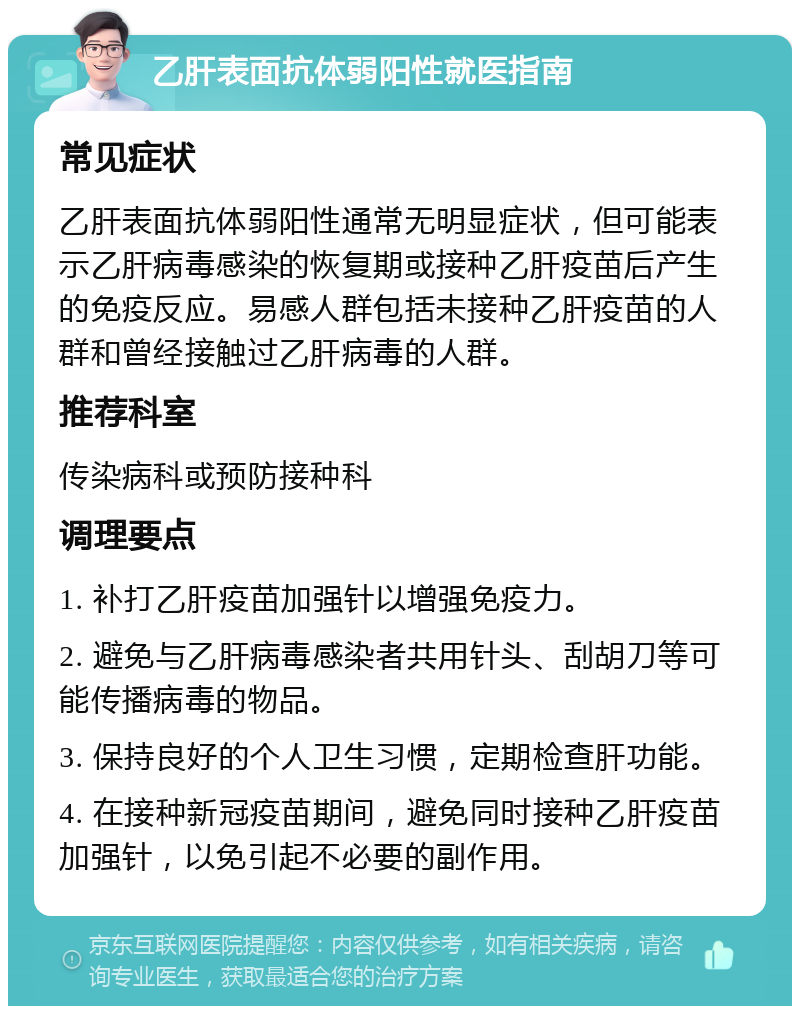 乙肝表面抗体弱阳性就医指南 常见症状 乙肝表面抗体弱阳性通常无明显症状，但可能表示乙肝病毒感染的恢复期或接种乙肝疫苗后产生的免疫反应。易感人群包括未接种乙肝疫苗的人群和曾经接触过乙肝病毒的人群。 推荐科室 传染病科或预防接种科 调理要点 1. 补打乙肝疫苗加强针以增强免疫力。 2. 避免与乙肝病毒感染者共用针头、刮胡刀等可能传播病毒的物品。 3. 保持良好的个人卫生习惯，定期检查肝功能。 4. 在接种新冠疫苗期间，避免同时接种乙肝疫苗加强针，以免引起不必要的副作用。