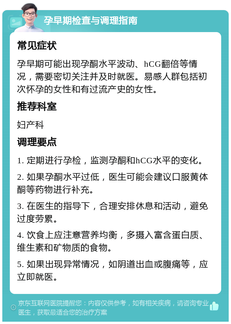 孕早期检查与调理指南 常见症状 孕早期可能出现孕酮水平波动、hCG翻倍等情况，需要密切关注并及时就医。易感人群包括初次怀孕的女性和有过流产史的女性。 推荐科室 妇产科 调理要点 1. 定期进行孕检，监测孕酮和hCG水平的变化。 2. 如果孕酮水平过低，医生可能会建议口服黄体酮等药物进行补充。 3. 在医生的指导下，合理安排休息和活动，避免过度劳累。 4. 饮食上应注意营养均衡，多摄入富含蛋白质、维生素和矿物质的食物。 5. 如果出现异常情况，如阴道出血或腹痛等，应立即就医。