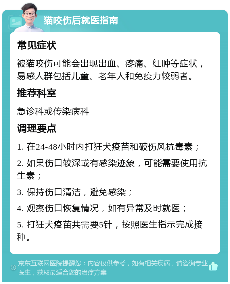 猫咬伤后就医指南 常见症状 被猫咬伤可能会出现出血、疼痛、红肿等症状，易感人群包括儿童、老年人和免疫力较弱者。 推荐科室 急诊科或传染病科 调理要点 1. 在24-48小时内打狂犬疫苗和破伤风抗毒素； 2. 如果伤口较深或有感染迹象，可能需要使用抗生素； 3. 保持伤口清洁，避免感染； 4. 观察伤口恢复情况，如有异常及时就医； 5. 打狂犬疫苗共需要5针，按照医生指示完成接种。