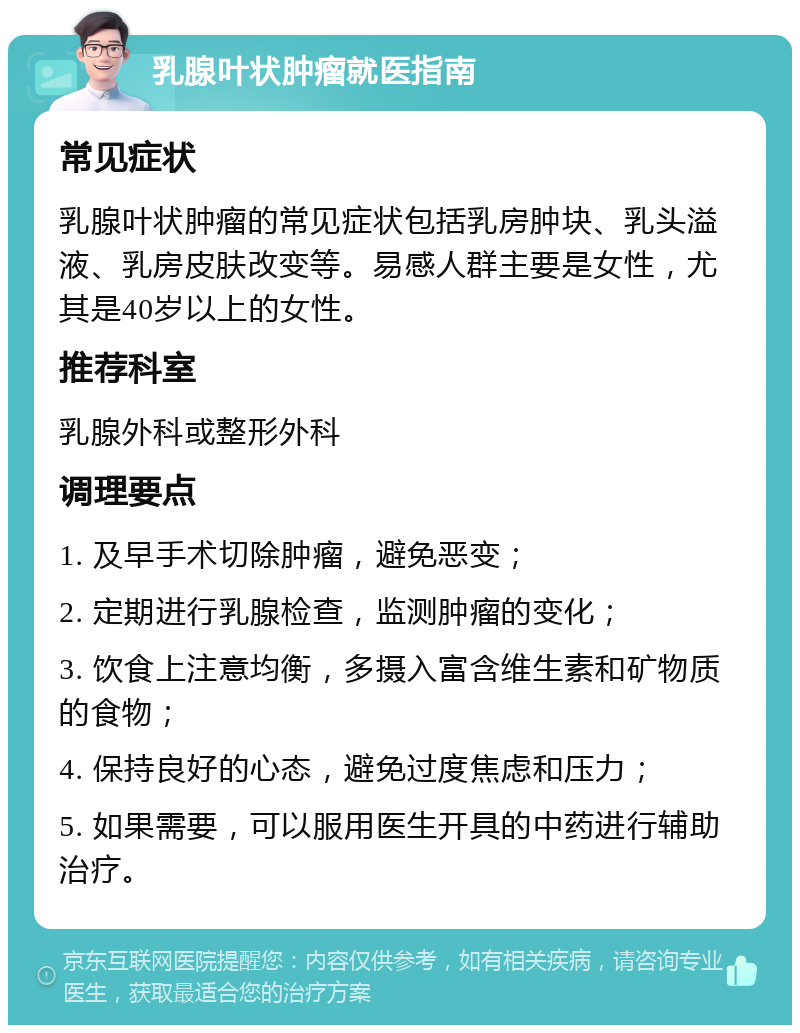 乳腺叶状肿瘤就医指南 常见症状 乳腺叶状肿瘤的常见症状包括乳房肿块、乳头溢液、乳房皮肤改变等。易感人群主要是女性，尤其是40岁以上的女性。 推荐科室 乳腺外科或整形外科 调理要点 1. 及早手术切除肿瘤，避免恶变； 2. 定期进行乳腺检查，监测肿瘤的变化； 3. 饮食上注意均衡，多摄入富含维生素和矿物质的食物； 4. 保持良好的心态，避免过度焦虑和压力； 5. 如果需要，可以服用医生开具的中药进行辅助治疗。