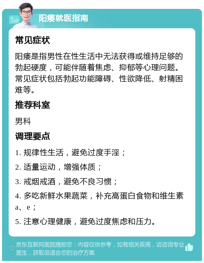 阳痿就医指南 常见症状 阳痿是指男性在性生活中无法获得或维持足够的勃起硬度，可能伴随着焦虑、抑郁等心理问题。常见症状包括勃起功能障碍、性欲降低、射精困难等。 推荐科室 男科 调理要点 1. 规律性生活，避免过度手淫； 2. 适量运动，增强体质； 3. 戒烟戒酒，避免不良习惯； 4. 多吃新鲜水果蔬菜，补充高蛋白食物和维生素a、e； 5. 注意心理健康，避免过度焦虑和压力。