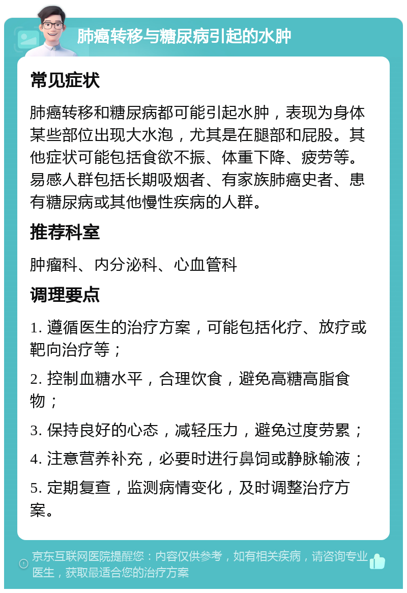 肺癌转移与糖尿病引起的水肿 常见症状 肺癌转移和糖尿病都可能引起水肿，表现为身体某些部位出现大水泡，尤其是在腿部和屁股。其他症状可能包括食欲不振、体重下降、疲劳等。易感人群包括长期吸烟者、有家族肺癌史者、患有糖尿病或其他慢性疾病的人群。 推荐科室 肿瘤科、内分泌科、心血管科 调理要点 1. 遵循医生的治疗方案，可能包括化疗、放疗或靶向治疗等； 2. 控制血糖水平，合理饮食，避免高糖高脂食物； 3. 保持良好的心态，减轻压力，避免过度劳累； 4. 注意营养补充，必要时进行鼻饲或静脉输液； 5. 定期复查，监测病情变化，及时调整治疗方案。