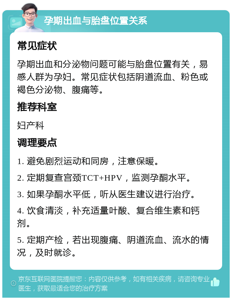 孕期出血与胎盘位置关系 常见症状 孕期出血和分泌物问题可能与胎盘位置有关，易感人群为孕妇。常见症状包括阴道流血、粉色或褐色分泌物、腹痛等。 推荐科室 妇产科 调理要点 1. 避免剧烈运动和同房，注意保暖。 2. 定期复查宫颈TCT+HPV，监测孕酮水平。 3. 如果孕酮水平低，听从医生建议进行治疗。 4. 饮食清淡，补充适量叶酸、复合维生素和钙剂。 5. 定期产检，若出现腹痛、阴道流血、流水的情况，及时就诊。