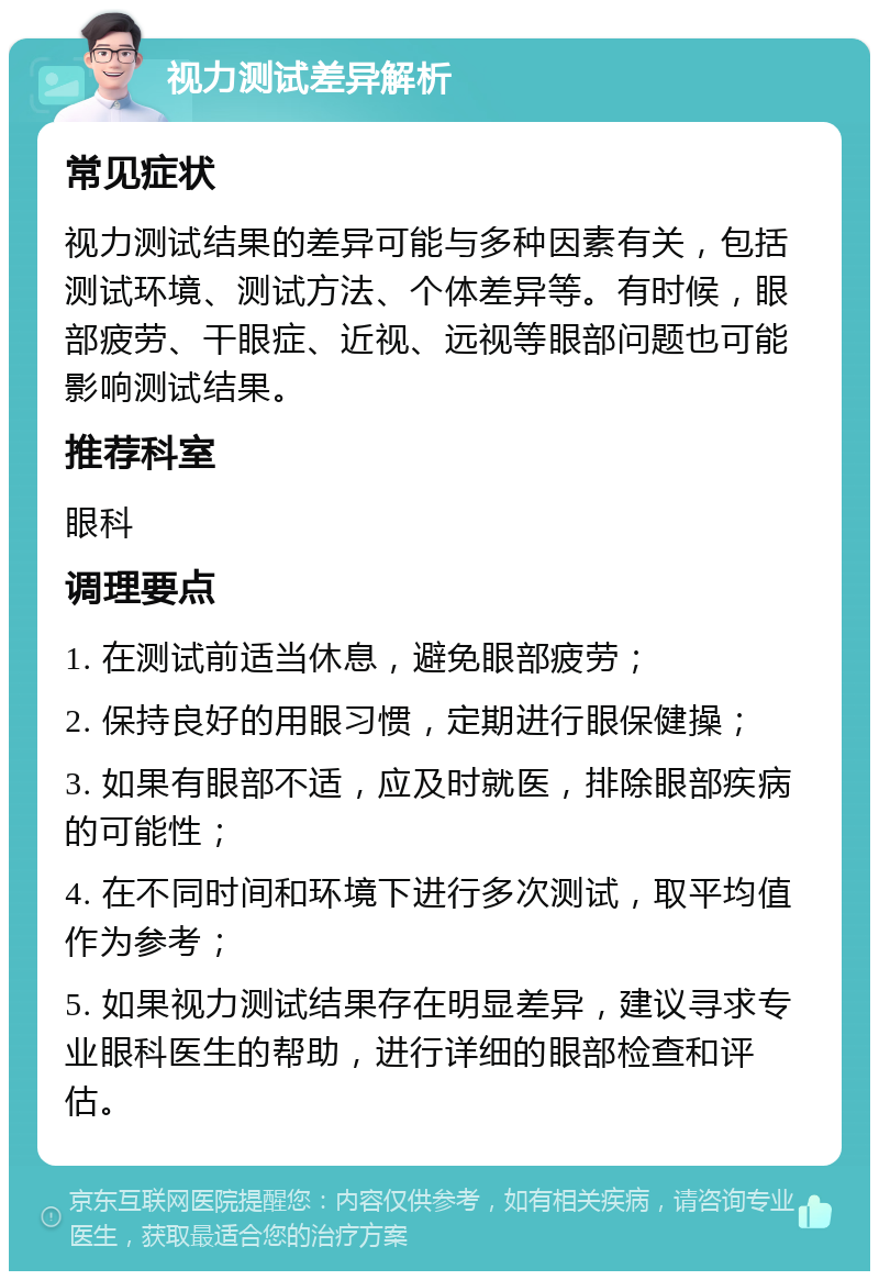 视力测试差异解析 常见症状 视力测试结果的差异可能与多种因素有关，包括测试环境、测试方法、个体差异等。有时候，眼部疲劳、干眼症、近视、远视等眼部问题也可能影响测试结果。 推荐科室 眼科 调理要点 1. 在测试前适当休息，避免眼部疲劳； 2. 保持良好的用眼习惯，定期进行眼保健操； 3. 如果有眼部不适，应及时就医，排除眼部疾病的可能性； 4. 在不同时间和环境下进行多次测试，取平均值作为参考； 5. 如果视力测试结果存在明显差异，建议寻求专业眼科医生的帮助，进行详细的眼部检查和评估。