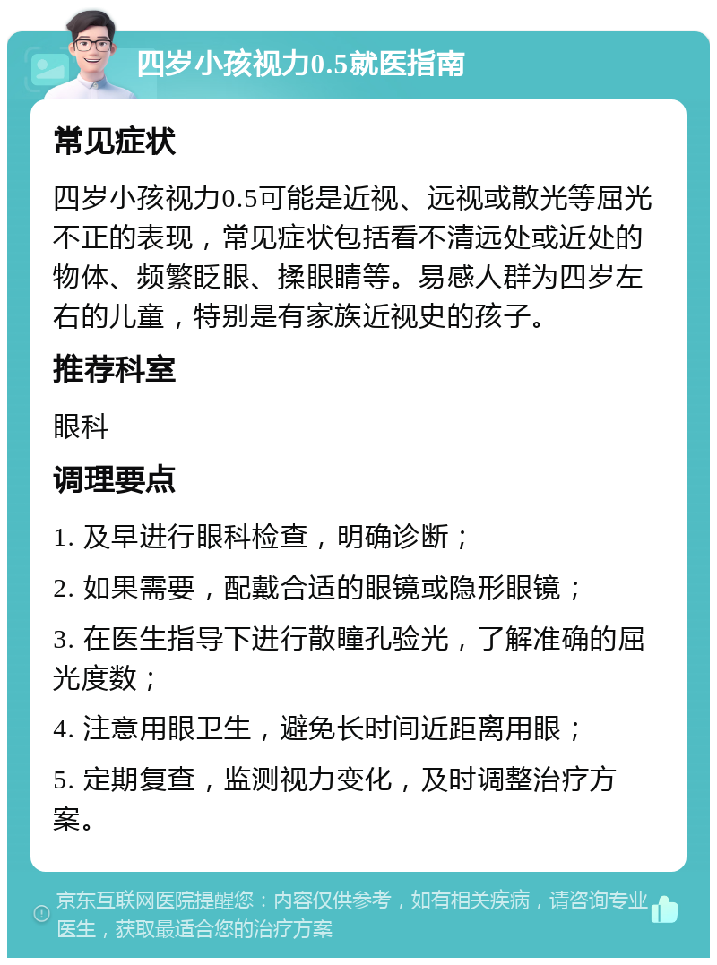 四岁小孩视力0.5就医指南 常见症状 四岁小孩视力0.5可能是近视、远视或散光等屈光不正的表现，常见症状包括看不清远处或近处的物体、频繁眨眼、揉眼睛等。易感人群为四岁左右的儿童，特别是有家族近视史的孩子。 推荐科室 眼科 调理要点 1. 及早进行眼科检查，明确诊断； 2. 如果需要，配戴合适的眼镜或隐形眼镜； 3. 在医生指导下进行散瞳孔验光，了解准确的屈光度数； 4. 注意用眼卫生，避免长时间近距离用眼； 5. 定期复查，监测视力变化，及时调整治疗方案。